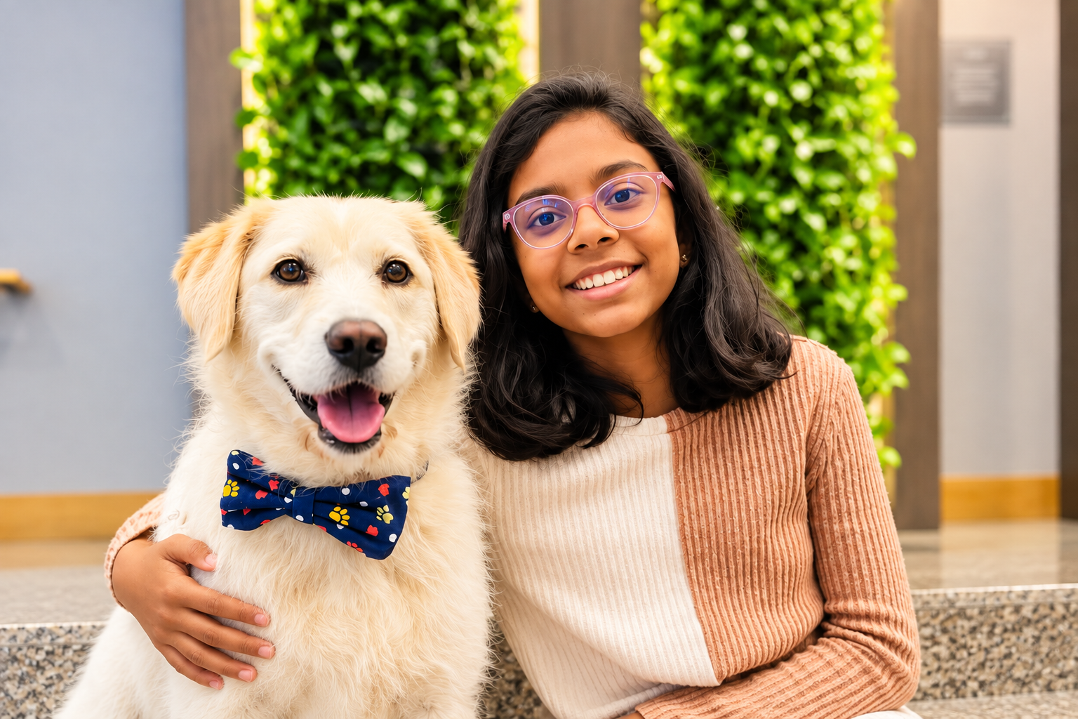 Divisha with a dog wearing a Bow-Bow Ties bow tie