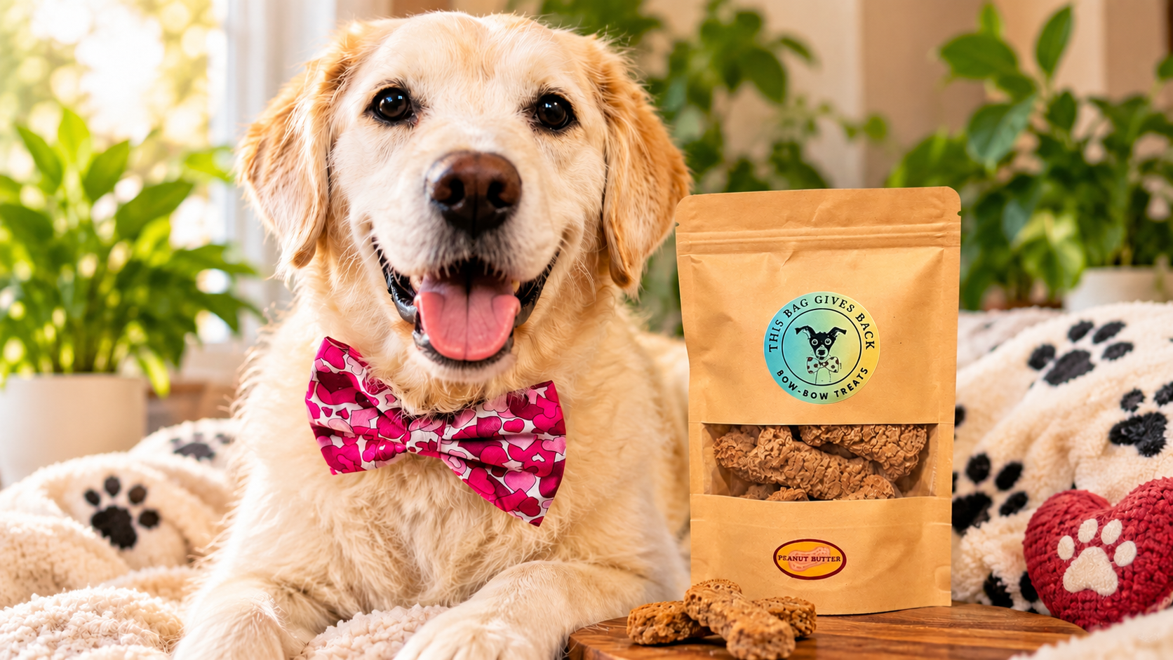 Happy dog wearing a Bow-Bow-Ties bow tie beside a bag of dog treats