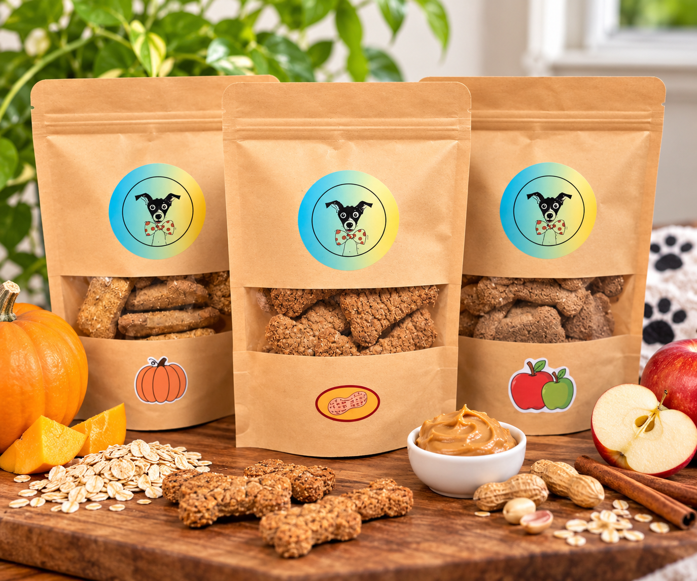 Bow-Bow Treats bags with natural dog treat ingredients