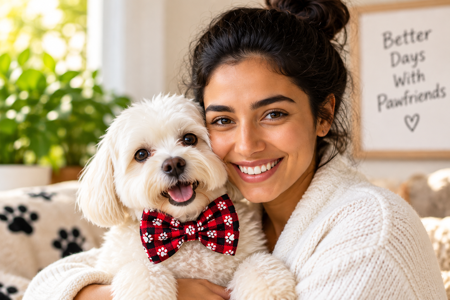 Pet parent smiling with a dog wearing a Bow-Bow Ties bow tie